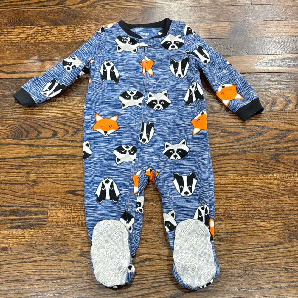 🦉 Simple Joys Blue and Orange fox and raccoon footed pjs size 24M